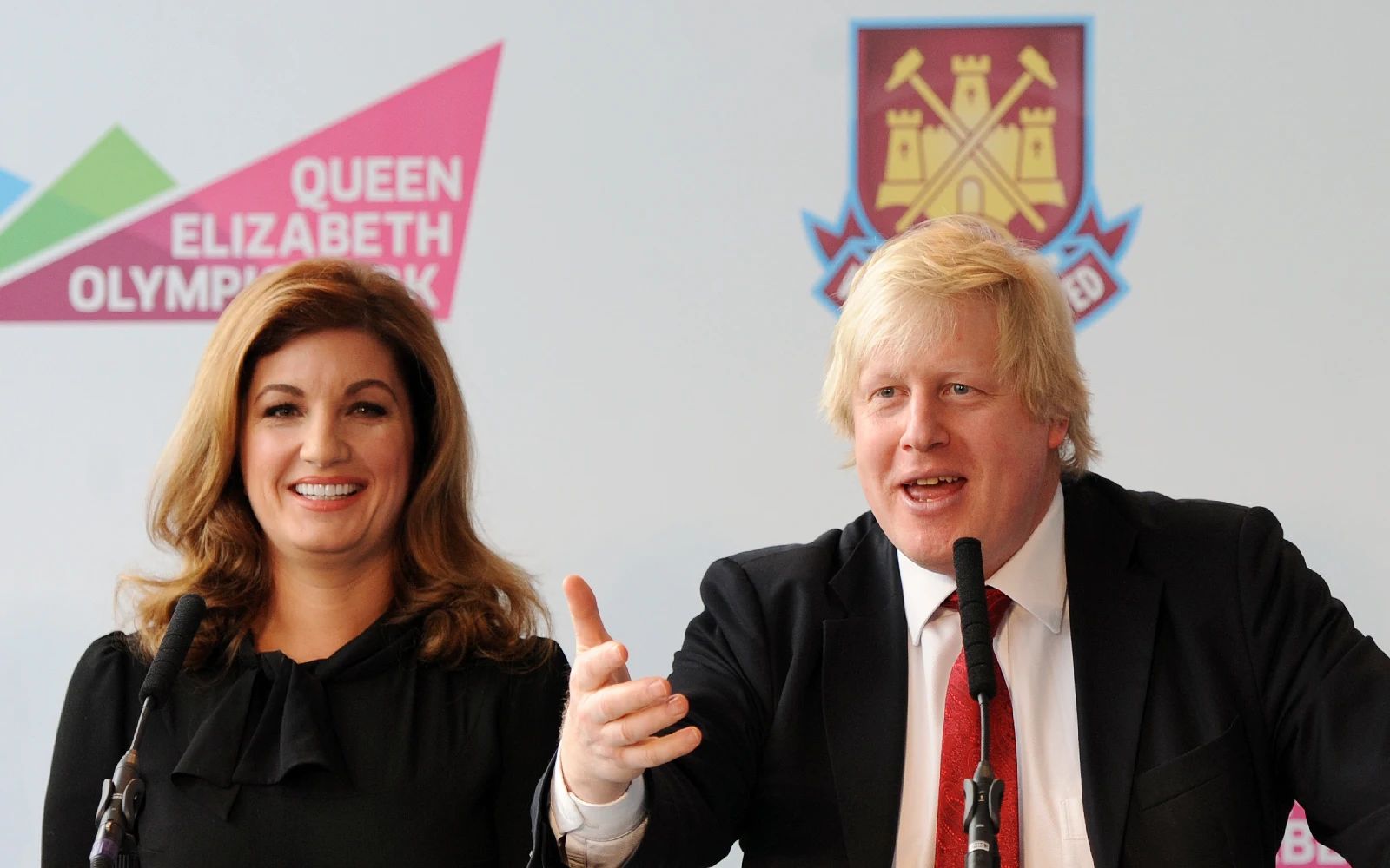 Mayor of London Boris Johnson (R) with Karren Brady Vice-Chairman of West Ham United, (L ) during a press conference close to the Olympic Stadium in London, Britain, 22 March 2013. Johnson announced that West Ham United are to make the Olympic stadium their new home, 22 March.The club is to rent the stadium with a 99 year old lease.