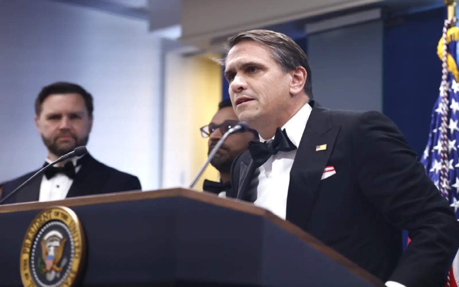 Acting United States Attorney General Todd Blanche speaks to reporters in the White House Press Briefing Room after a shooting outside the Washington Hilton ballroom hosting the White House Correspondent's Dinner caused the postponement of the event in Washington, DC, USA, 25 April 2026. The alleged shooter is in custody.