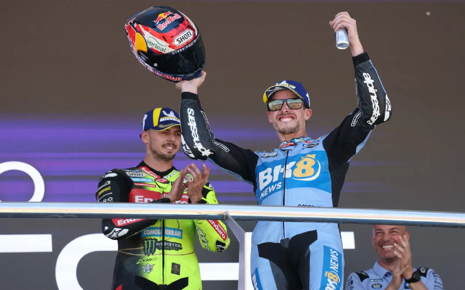 Winner team Gresini Racing MotoGP's Alex Marquez celebrates on the podium after the MotoGP Spanish Grand Prix at the Jerez racetrack in Jerez de la Frontera, on April 26, 2025. (Photo by Pierre-Philippe MARCOU / AFP)