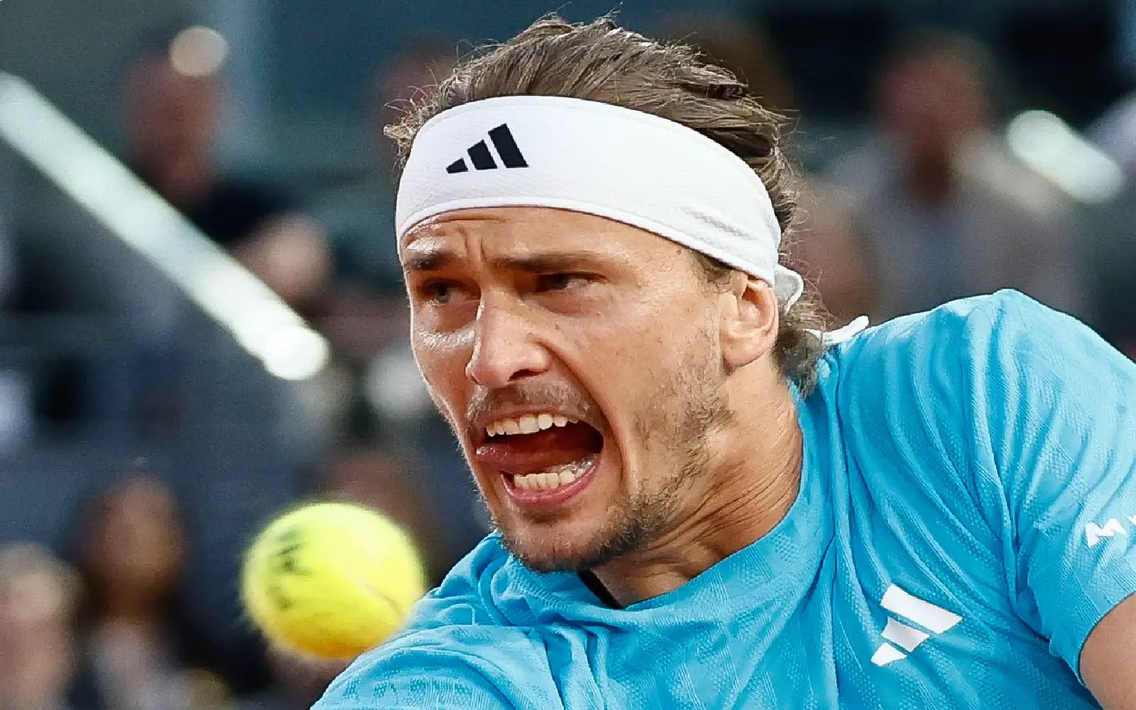 Alexander Zverev of Germany in action during his men's singles semifinal match against Alexander Blockx of Belgium at the Madrid Open tennis tournament in Madrid, Spain