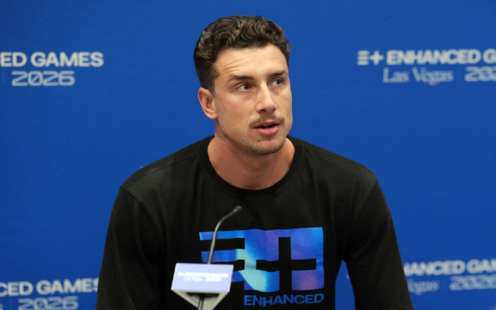 Las Vegas, NV, USA; Kristian Gkolomeev (Swimming) at Enhanced Games press conference at Resorts World Las Vegas. Mandatory Credit: Kirby Lee-Imagn Images
