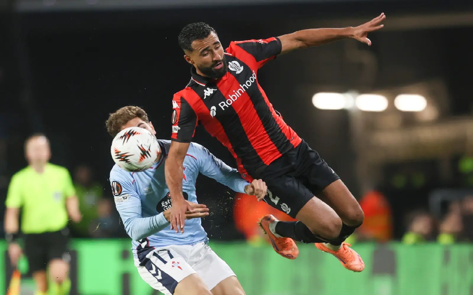 Celta's defender Javi Rueda (L) in action against Nice's Ali Abdi (R) during the UEFA Europa League league phase match between Celta and Nice, in Vigo, Spain, 23 October 2025. EPA