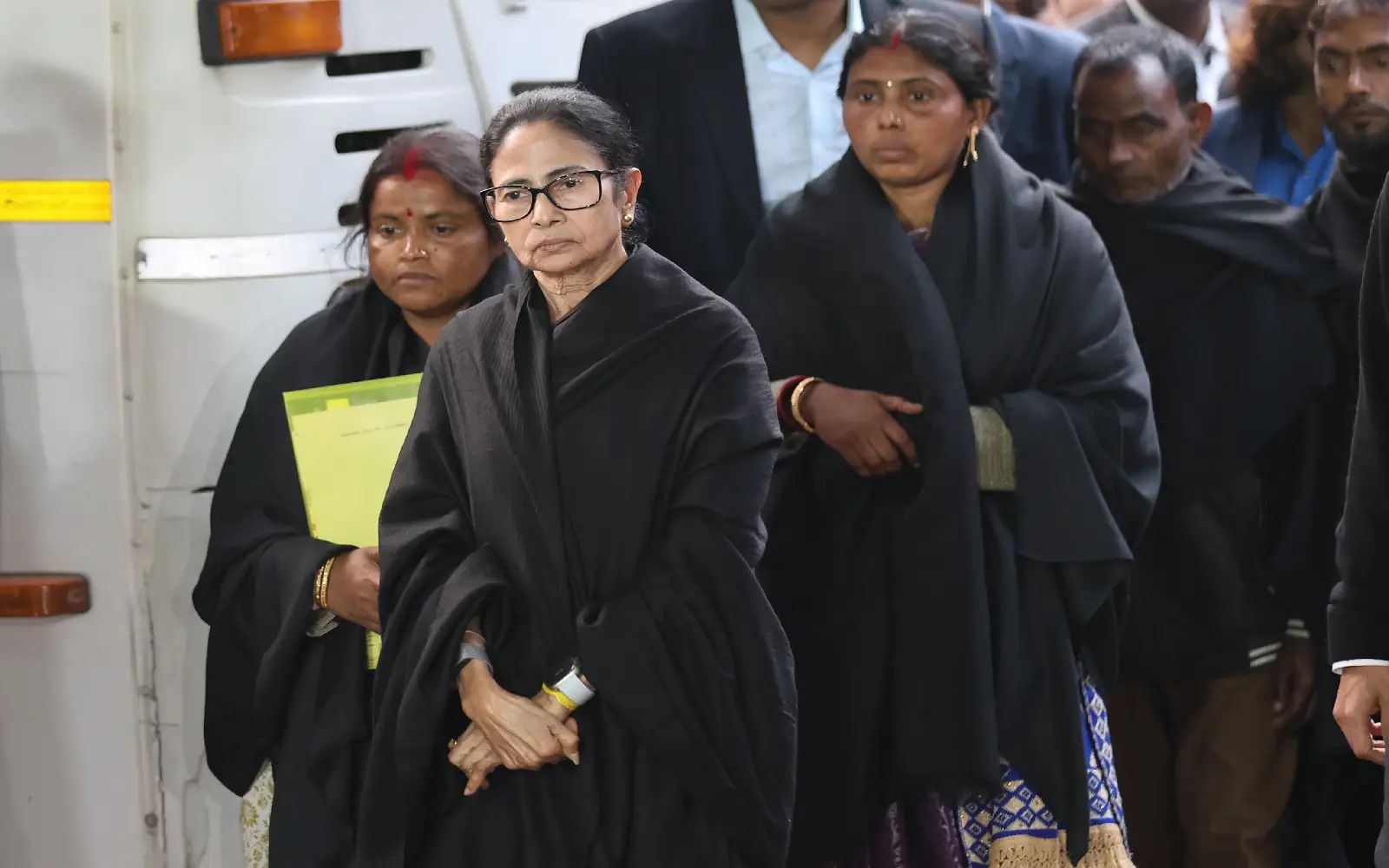 West Bengal Chief minister Mamta Banerjee (C) arrives to address the media after a meeting with the Chief Election Commissioner in New Delhi, India, 02 February 2026. West Bengal Chief Minister Mamata Banerjee met with the Chief Election Commissioner over concerns on West Bengal’s state Special Intensive Revision (SIR) of electoral rolls.