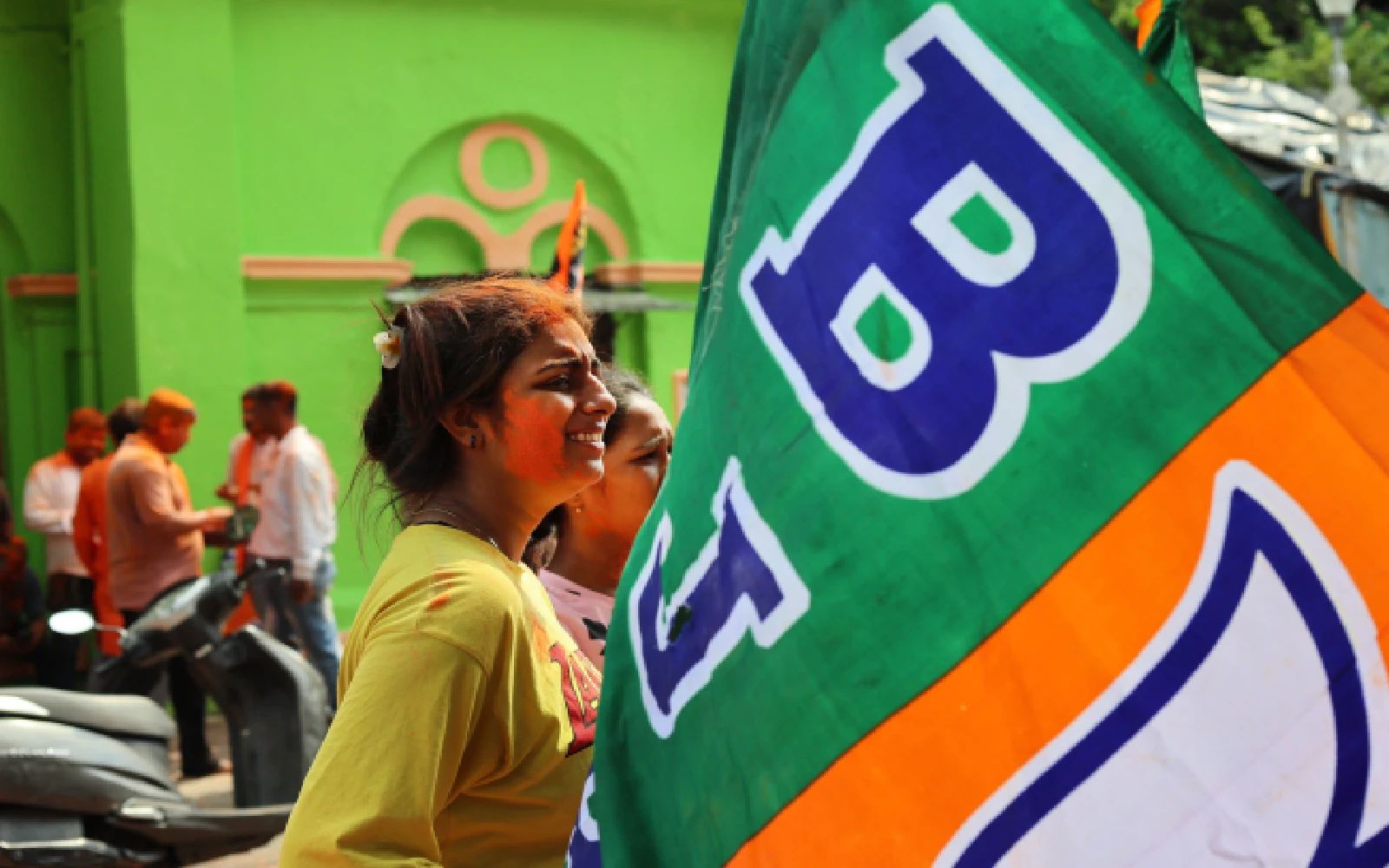 Bharatiya Janata Party (BJP) supporters celebrate election results near a counting station in Kolkata, India, 04 May 2026. 