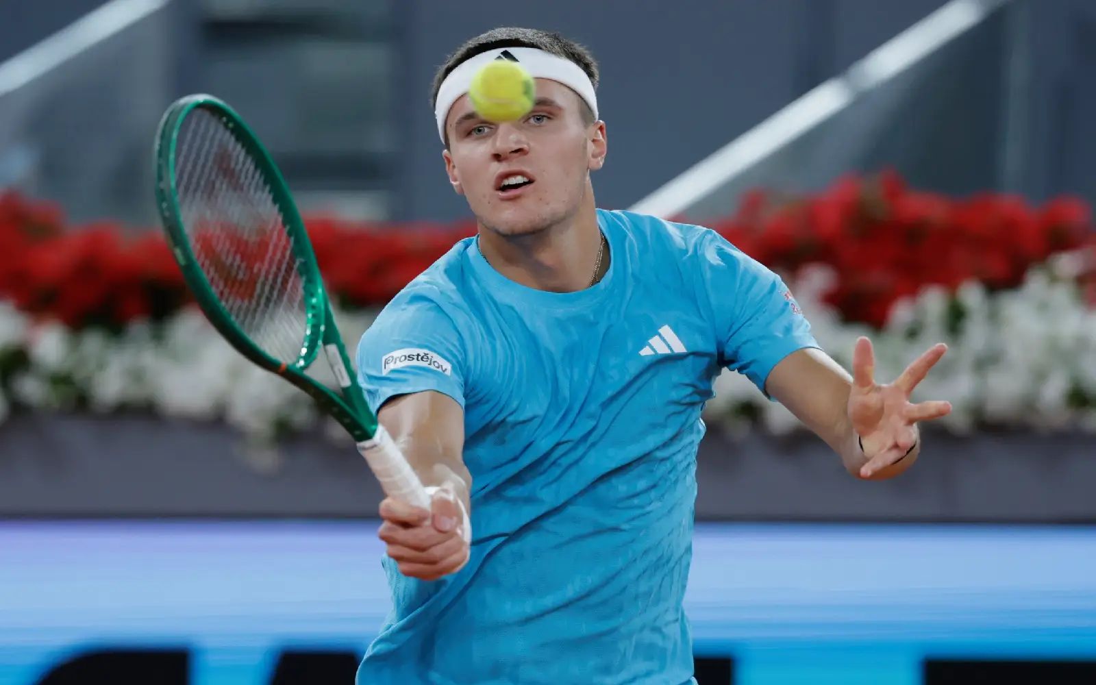 akub Mensik of Czech Republic in action during his rouind of 16 match against Alexander Zverev of Germany at the Madrid Open tennis tournament in Madrid, Spain, 28 April 2026. EPA/JUANJO MARTIN