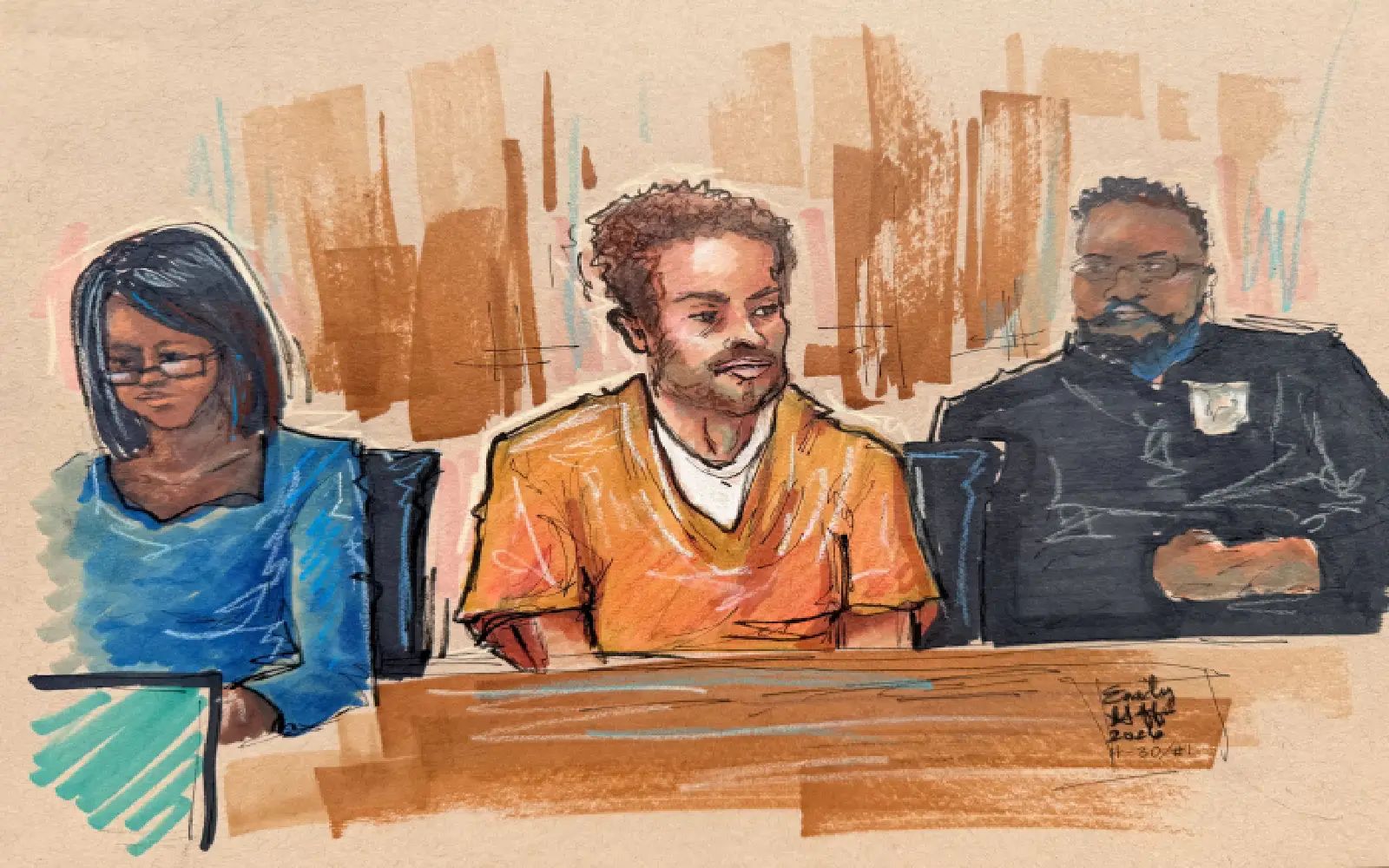 Cole Tomas Allen, a suspect in the White House Correspondents' Association (WHCA) dinner shooting, sits in the courtroom during a hearing after being charged with attempting to assassinate U.S. President Donald Trump, in Washington D.C., U.S., April 30, 2026, in this courtroom sketch