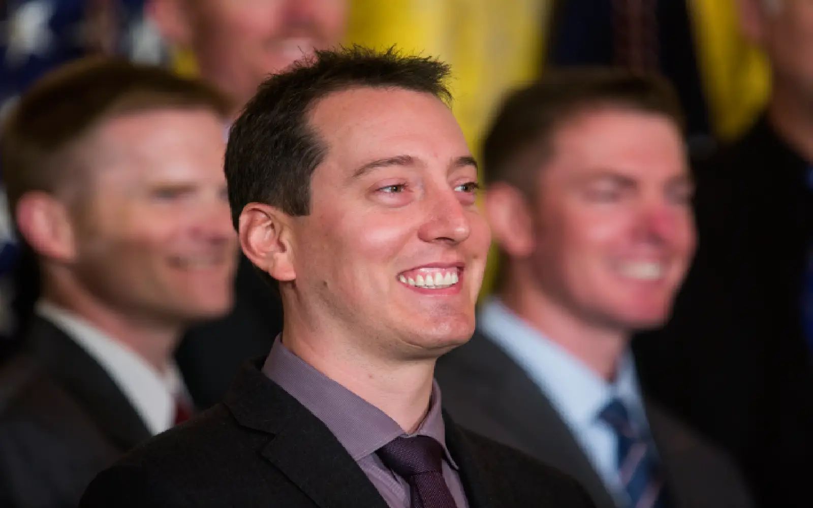 Kyle Busch gathers with his team members in the East Room of the White House where President Obama honored them for winning the 2015 NASCAR Sprint Cup Series championship, in Washington, DC, USA, 28 September 2016. The White House said that Busch's visit continues 'the tradition begun by President Obama of honoring athletes and sports teams for their efforts to give back to their communities.' EPA/JIM LO SCALZO