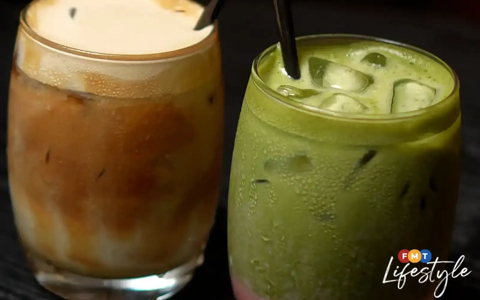 ‘Kopi Beetle’ (left) and strawberry matcha. (Fauzy Yunus @ FMT Lifestyle) 7526