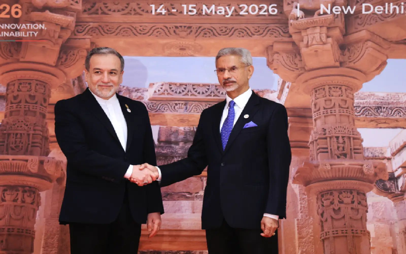 Indian External Affairs Minister Subrahmanyam Jaishankar (R) shakes hands with Iran’s Foreign Minister Seyed Abbas Araghchi during the BRICS Foreign Ministers' Meeting at Bharat Mandapam in New Delhi, India, 14 May 2026. The two-day ministerial gathering hosted by India is being held from 14-15 May. EPA/RAJAT GUPTA