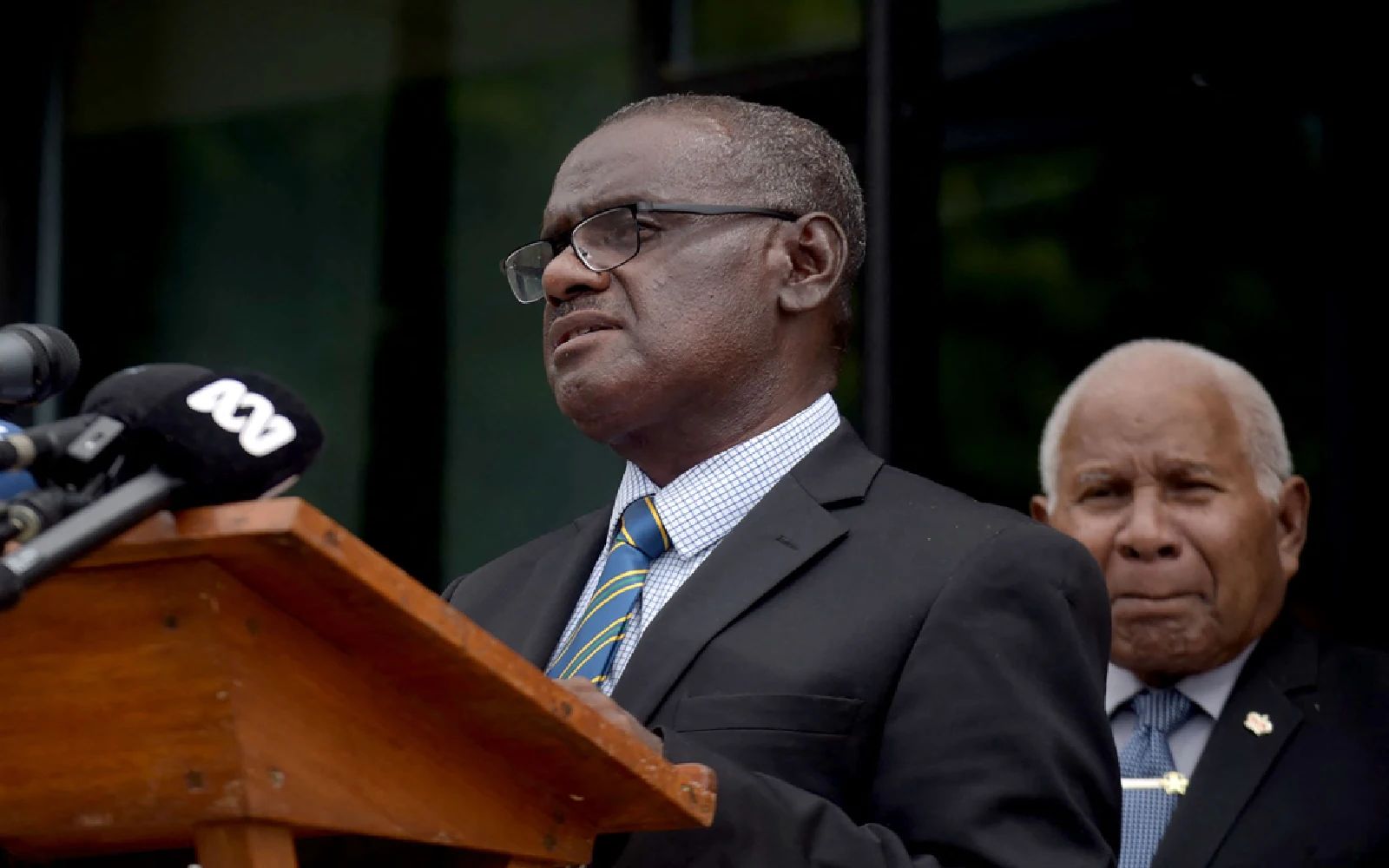 Solomon Islands’ newly elected Prime Minister Jeremiah Manele speaks during a press conference outside Parliament House in Honiara on May 2, 2024.