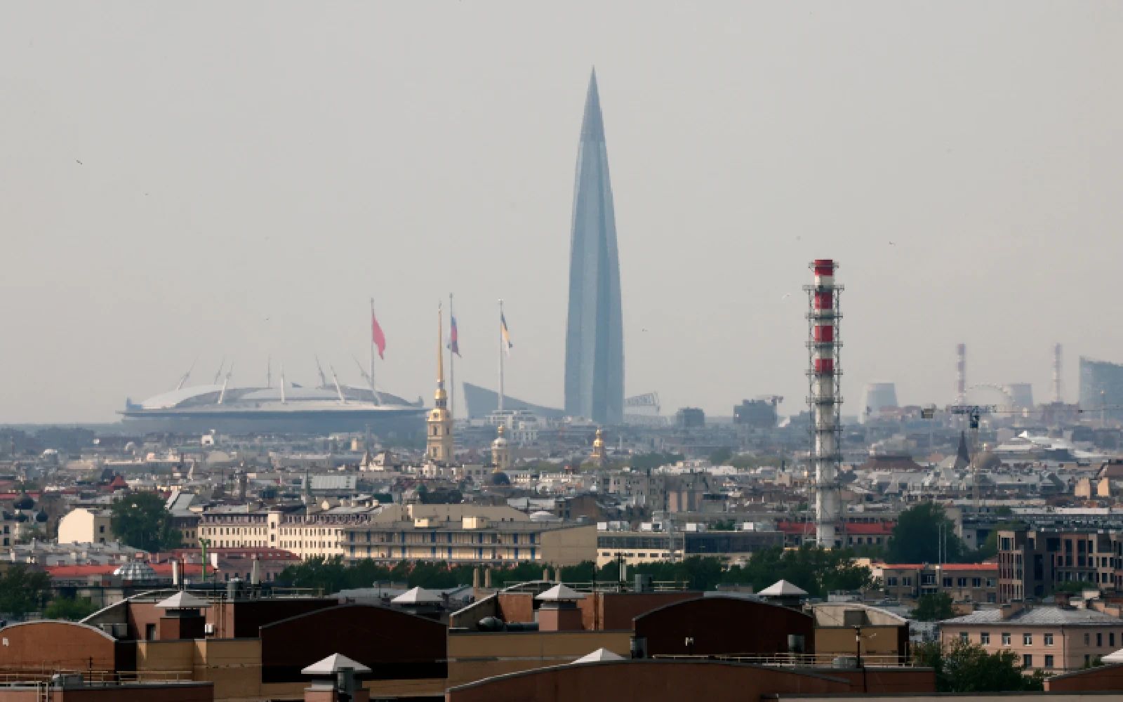A view from the 22nd floor of a building at the Peter and Paul Cathedral (C), the business tower Lakhta Centre (R), the headquarters of Russian gas monopoly Gazprom and Gazprom Arena stadium (L) in St. Petersburg, Russia, 13 May 2026. EPA/ANATOLY MALTSEV