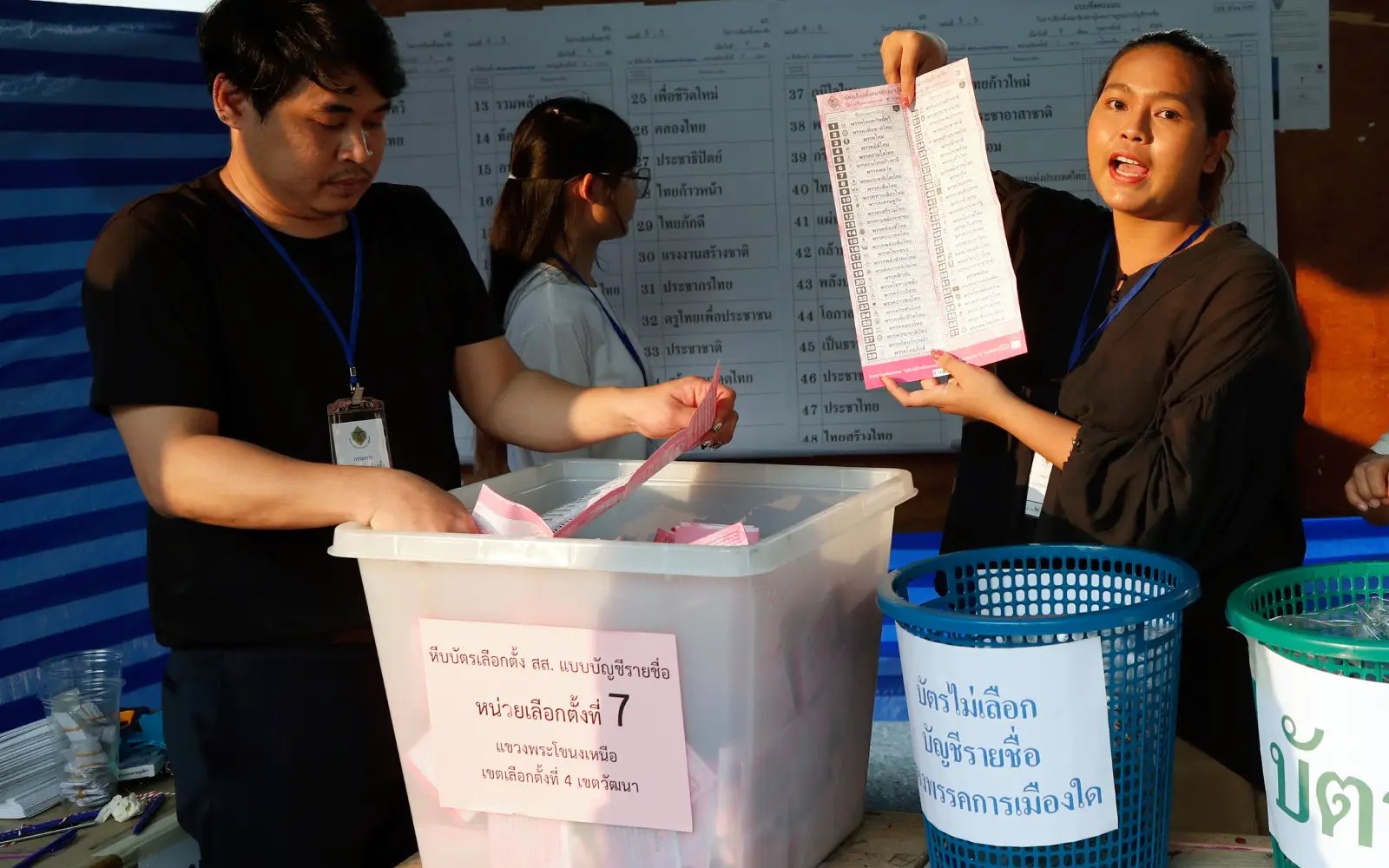 Thai PM’s party takes early lead in three-way election race